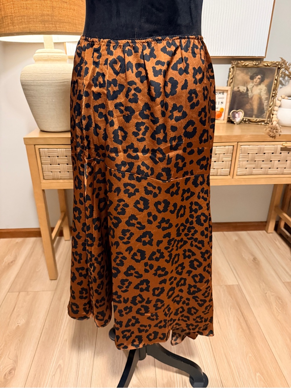 everleigh Leopard-Print Satin Midi Skirt in Brown and Black